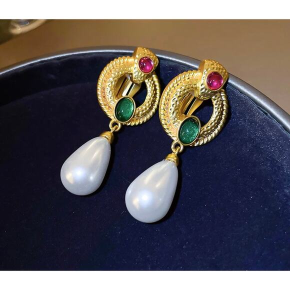 Clip on 2 1/4" gold, pink and green stone dangle white pearl earrings - Picture 2 of 5